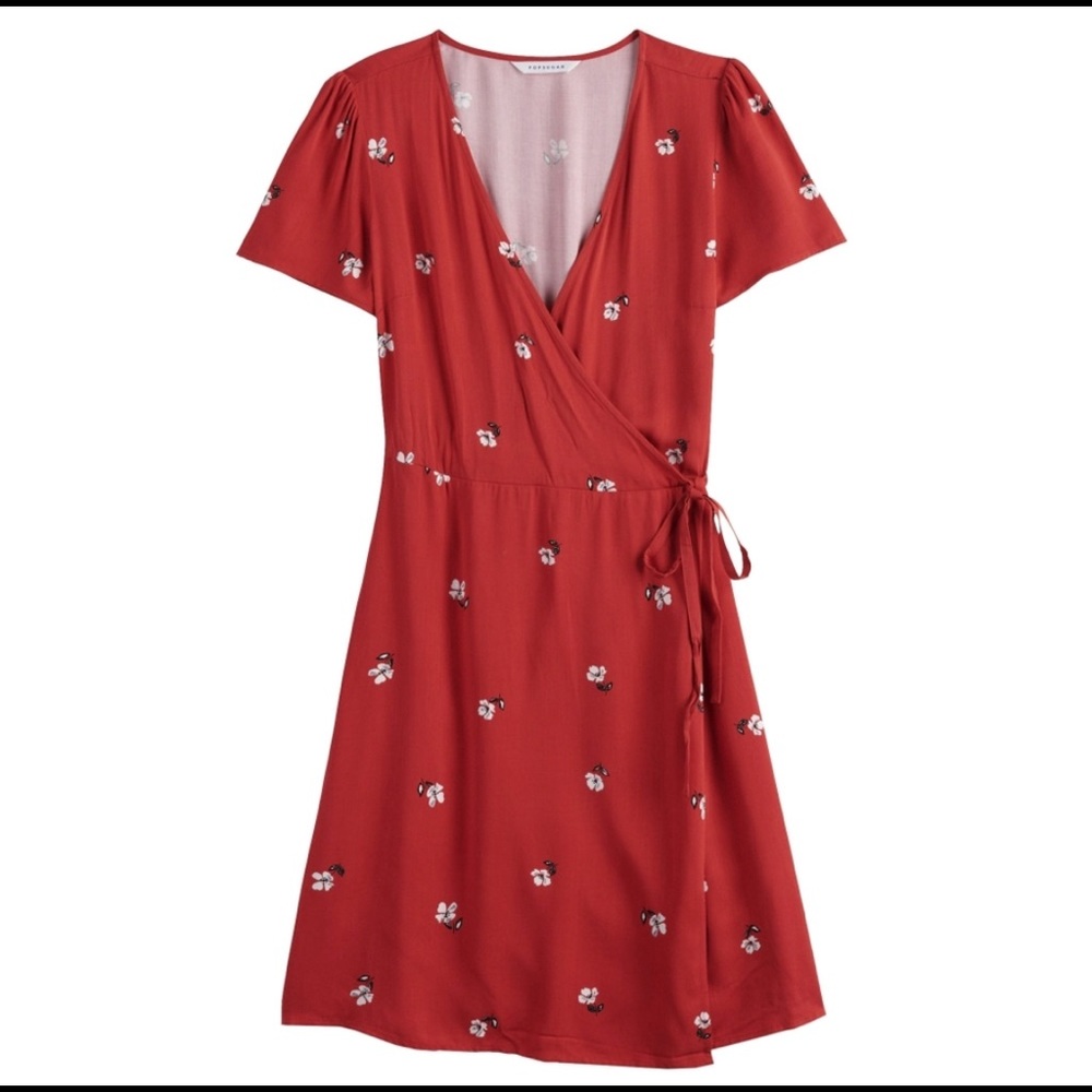 red floral wrap dress